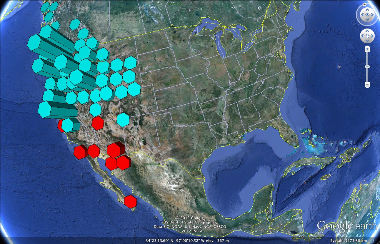Google Earth image showing the distribution of Mimulus in North America